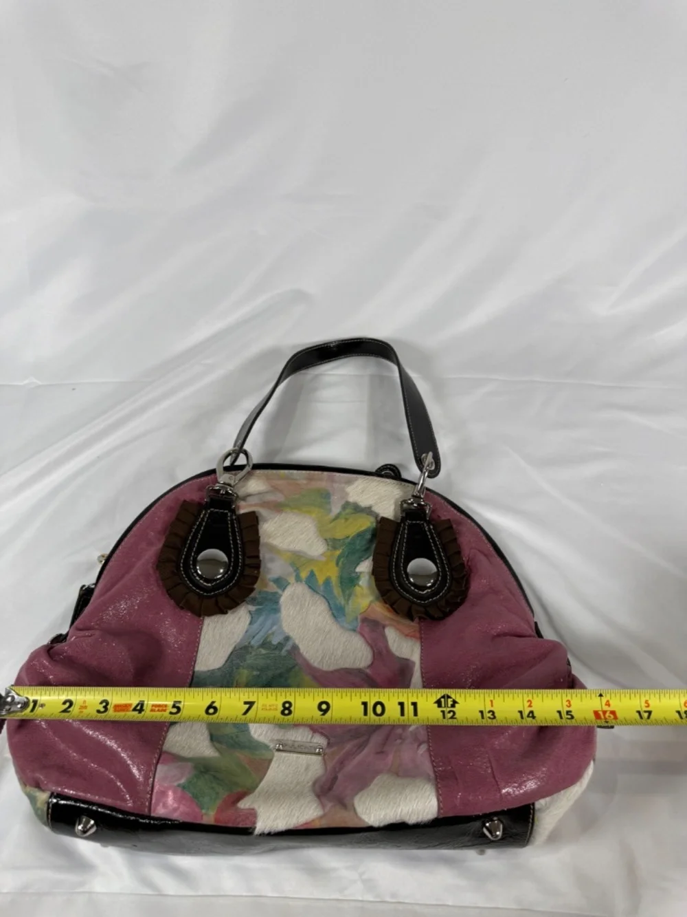 Pulicati Italy Floral Haircalf Leather Satchel Designer Pink Purse